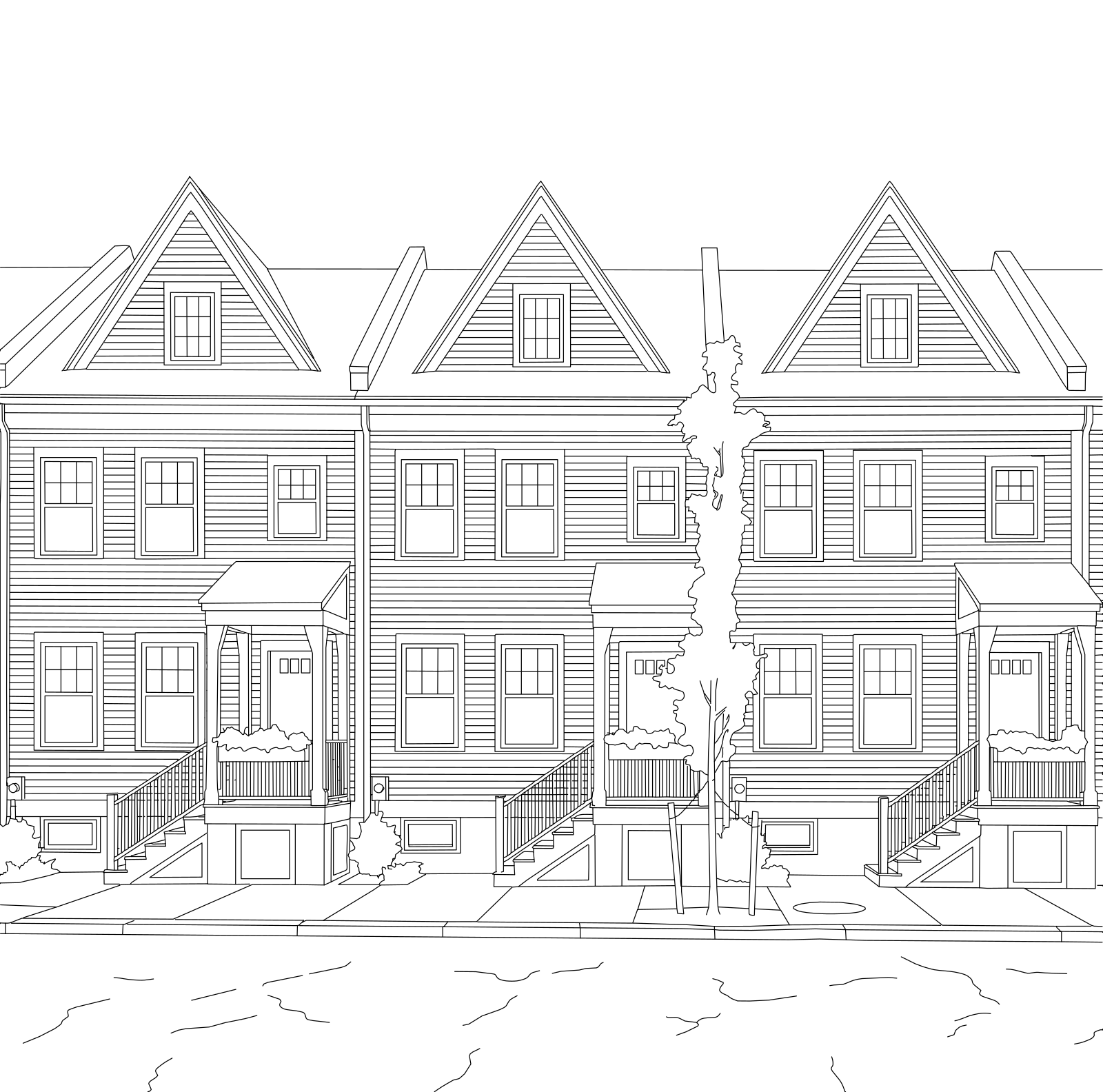 Row-house facade as a black-line elevation drawing