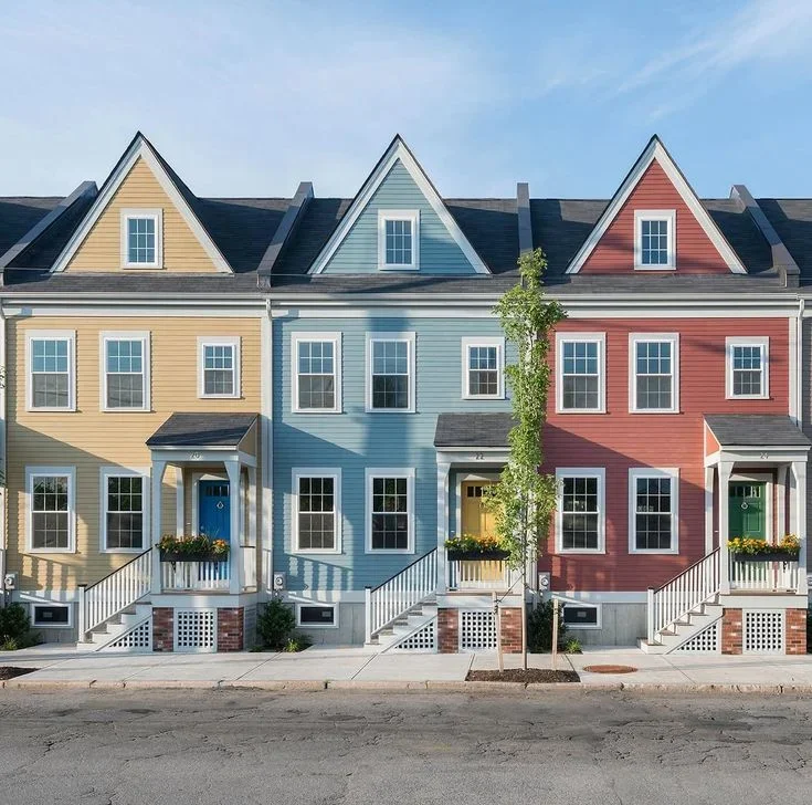 Photo to CAD: colorful row-house facade, before conversion