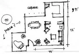 Hand-sketched floor plan with a garage and a porch