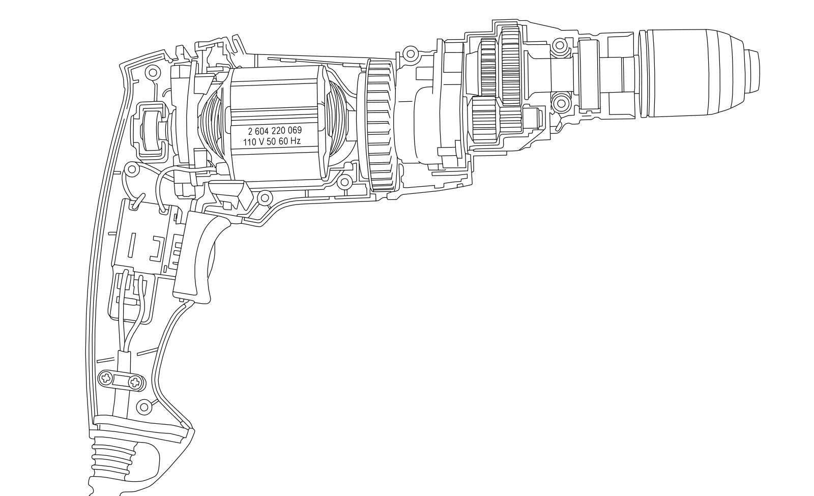 Drill cutaway redrawn as a mechanical line drawing