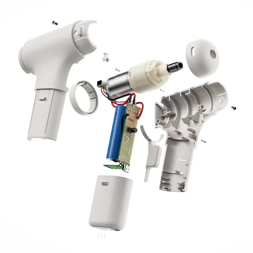 Exploded-view render of a handheld massage gun
