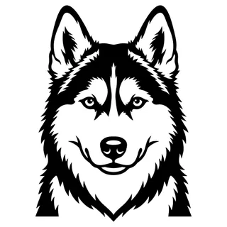 Husky portrait simplified into bold black shapes for laser engraving
